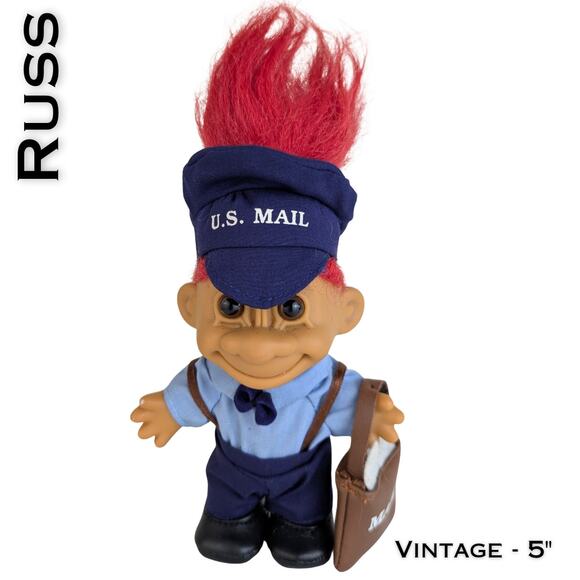 Vintage Russ Troll Doll Mailman 5" Red Hair Blue Uniform Cap Brown Mailbag - Picture 1 of 5